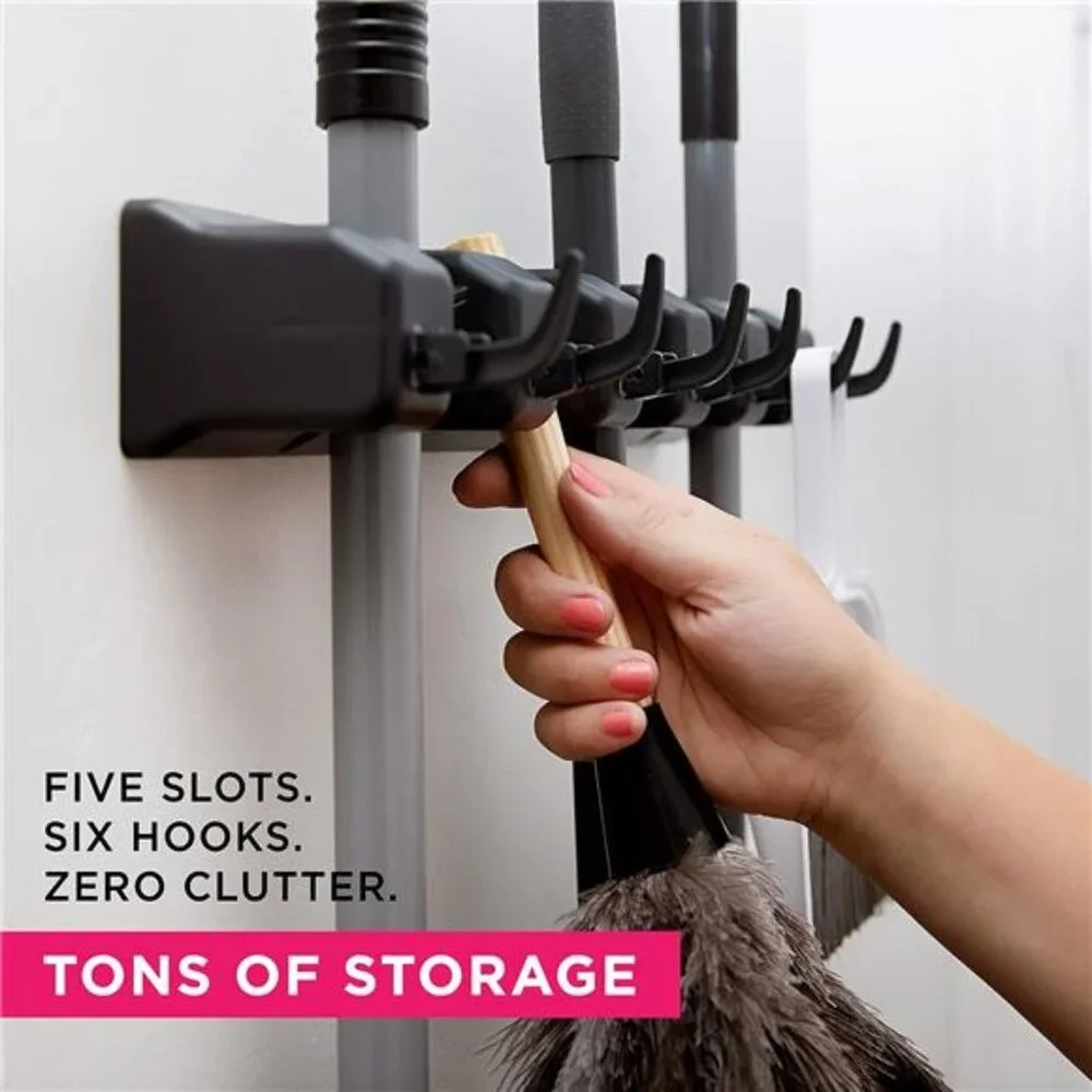 Wall-Mounted Broom Holder - Garden Tool & Utility Organizer with‎ Hooks, 1pack